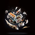 Sushi, rolls and soy sauce levitate over a plate on a black background Royalty Free Stock Photo