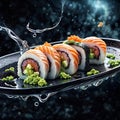 Sushi rolls in a splash