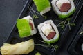 Sushi rolls with tuna and caviar, Japanese cuisine Royalty Free Stock Photo