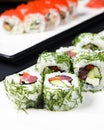 Sushi rolls with tuna, cucumber and cream-cheese in chopped dill. Served on a white plate over black background. Royalty Free Stock Photo