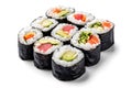 Sushi rolls with various fillings arranged in a neat stack on a white surface Royalty Free Stock Photo