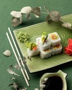 Sushi rolls. Vegetarian inside out sushi with fresh vegetables. Asian or Japanese food, Oriental cuisine. Top view Royalty Free Stock Photo