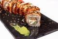 Sushi and rolls on a white isolate background. Japanese food, seafood and raw fish with wasabi sauce Royalty Free Stock Photo