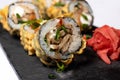 Sushi and rolls on a white isolate background. Japanese food, seafood and raw fish with wasabi sauce Royalty Free Stock Photo