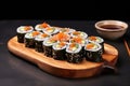 sushi rolls on a wooden serving plate with chopsticks Royalty Free Stock Photo