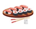 Sushi rolls on a wooden tray with chopsticks. Asian food icon, restaurant menu Royalty Free Stock Photo