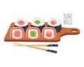 Sushi rolls on a wooden tray with chopsticks. Asian food icon, restaurant menu Royalty Free Stock Photo