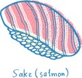 Sushi sake salmon sketch color illustration. Nigiri with the fish and rice. Japanese seafood. Vector illustration Royalty Free Stock Photo