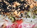 Sushi salad with salmon, rice, ginger, fresh cucumber and creamy sauce Royalty Free Stock Photo
