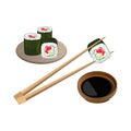 Sushi with salmon in chopsticks above bowl and soy sauce