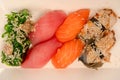 Sushi with salmon, eel, tuna, hiyashi wakame, sesame isolated