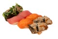 Sushi with salmon, eel, tuna, hiyashi wakame, sesame isolated