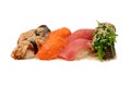 Sushi with salmon, eel, tuna, hiyashi wakame, sesame isolated