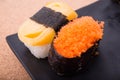 Sushi, salmon, shrimp eggs, Tamagoyaki, Ebiko, Ebi Nigiri Royalty Free Stock Photo