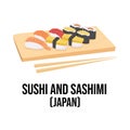 Sushi and sashimi japanese food. Asian traditional food elements in cartoon flat style isolated on white background