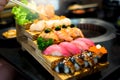 Sushi sashimi set served with chopsticks,Japanese food,Close up Royalty Free Stock Photo