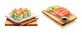 Sushi sashimi wasabi on wooden board and chopsticks on a stand, watercolor clipart illustration with isolated background Royalty Free Stock Photo