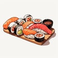 Hand Drawn Sushi Illustrations On Wooden Board