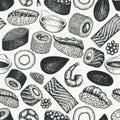 Sushi seamless pattern. Japanese cuisine hand drawn vector illustrations. Asian food background