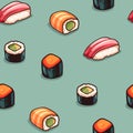 Sushi Seamless Pattern. Japanese Traditional Food. Rolls and Nigiri. Vector