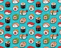 Seamless pattern of japanese sea food in kawaii style. Vector illustration