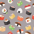 Sushi seamless pattern vector illustration. Japanese cuisine in cartoon style. Asian food wirh rice. Salmon and flying