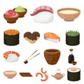 Sushi and seasoning cartoon icons in set collection