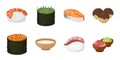 Sushi and seasoning icons in set collection for design. Seafood food, accessory vector symbol stock web illustration.