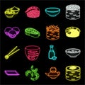 Sushi and seasoning neon icons in set collection for design. Seafood food, accessory vector symbol stock web