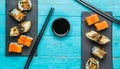 Sushi served at blue table Royalty Free Stock Photo