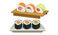 Sushi Served on Ceramic and Wooden Plate with Rice and Seafood Vector Set
