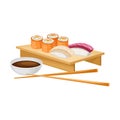 Sushi Served on Wooden Board with Soy Sauce and Chopsticks Vector Illustration