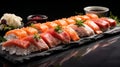 Sushi set. assorted sashimi and sushi rolls on stone slate, close-up shot for food lovers, banner Royalty Free Stock Photo