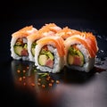 Sushi set on a black background. Sushi rolls with salmon, avocado, cucumber, cream cheese and sauce