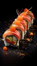 Sushi set on a black background. Sushi rolls with salmon, avocado, cucumber, cream cheese and sauce