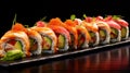 Sushi set on a black background. Sushi rolls with salmon, avocado, cucumber, cream cheese and sauce