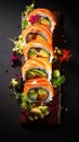 Sushi set on a black background. Sushi rolls with salmon, avocado, cucumber, cream cheese and sauce