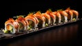 Sushi set on a black background. Sushi rolls with salmon, avocado, cucumber, cream cheese and sauce