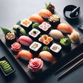 Sushi set on a black background. Sushi rolls with salmon, tuna, soy sauce, and wasabi. Japanese food, generative ai Royalty Free Stock Photo