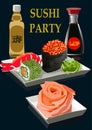 Sushi set with bottles of rice vinegar and soy sauce, vector ill