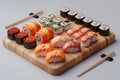 Sushi set in 3D style. Japanese food. Dishes with rice. Royalty Free Stock Photo