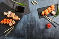 Sushi set of different rolls with soy sauce Royalty Free Stock Photo