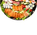 Sushi Set. Different sashimi, sushi and rolls isolated on white background Royalty Free Stock Photo