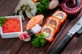 Sushi Set. Different sashimi, sushi and rolls with octopus Royalty Free Stock Photo