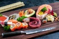 Sushi Set. Different sashimi, sushi and rolls with octopus Royalty Free Stock Photo