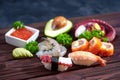 Sushi Set. Different sashimi, sushi and rolls with octopus Royalty Free Stock Photo