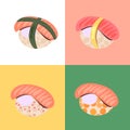 Sushi set with different tasty ingredients. Stylized food