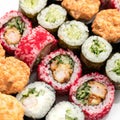 Sushi Set. Different types of raw and baked sushi rolls. Asian or Japanese food, Oriental cuisine. Close up shot. Top Royalty Free Stock Photo