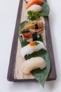 Sushi Set : Grilled Foie Gras, Grilled Unagi Japanese Freshwater Eel, Squid and Hotate Scallop. Royalty Free Stock Photo