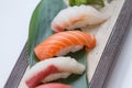 Sushi Set : Hamachi Yellowtail, Salmon, Tai Red Seabeam. Royalty Free Stock Photo